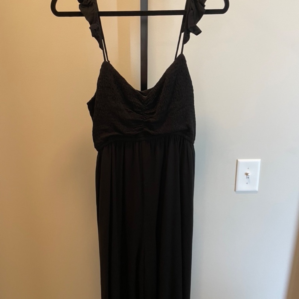 Mittoshop Black Smocked Ruffle Strap Wide Leg Jumpsuit | Style H30222 | Large